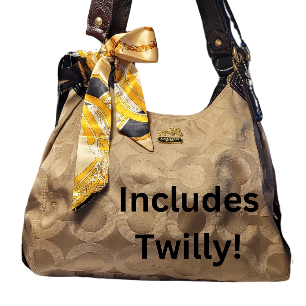 SOLD. EUC LARGE Coach Madison Maggie Op Art Tan C Jacquard Shoulder Bag - Picture 3 of 16